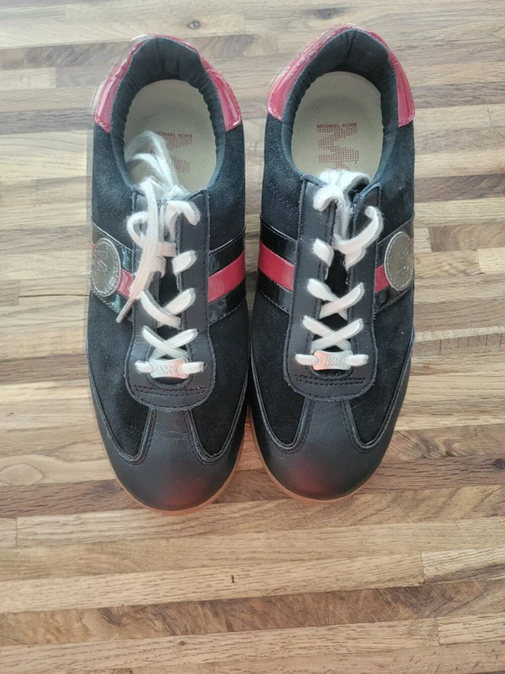 Michael Kors Vintage Black Suede Low Top Lace Up Leather Sneakers Red Trim